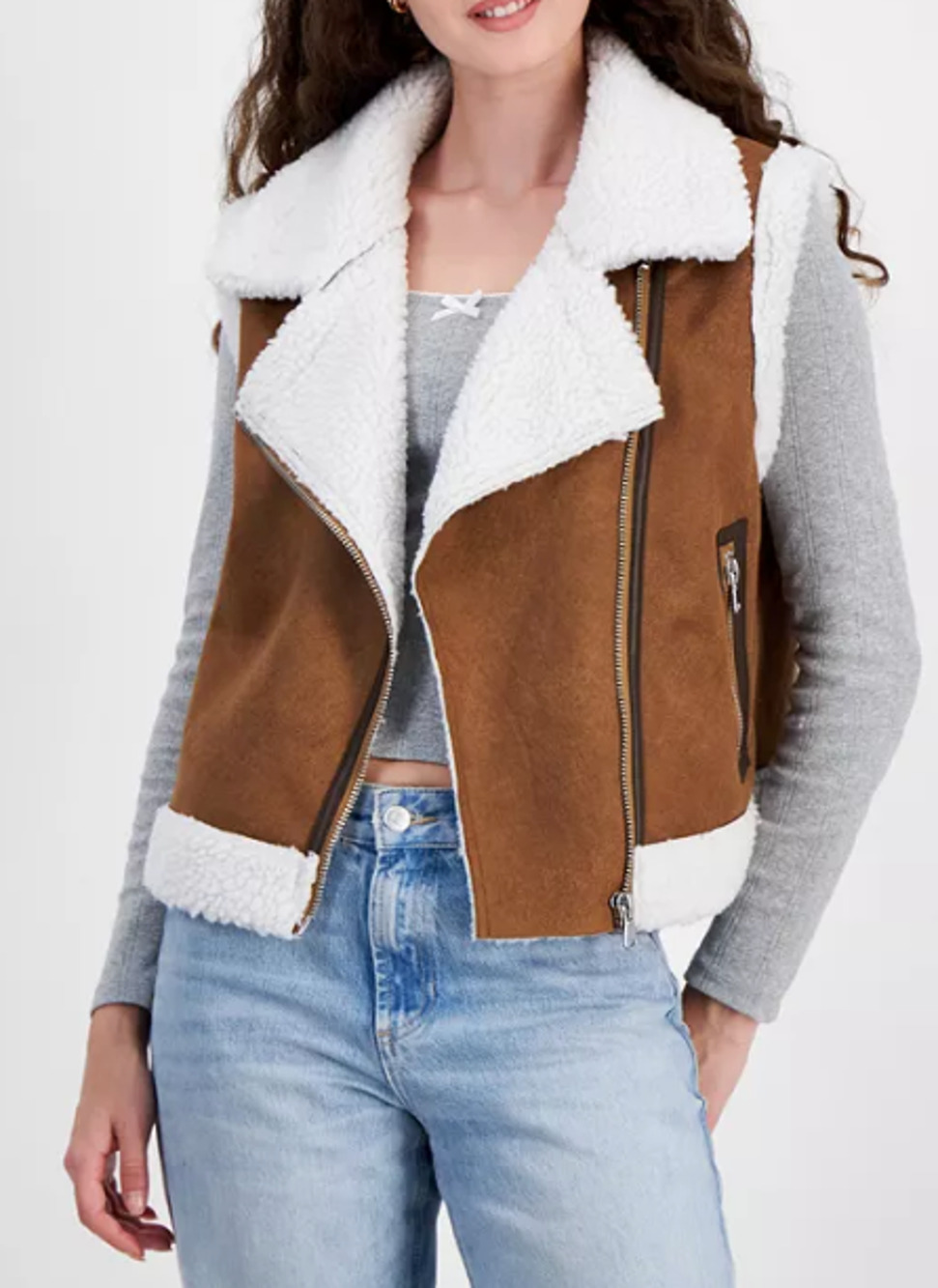 Madden Girl Juniors' Faux-Shearling MotoVest Caramel Size L